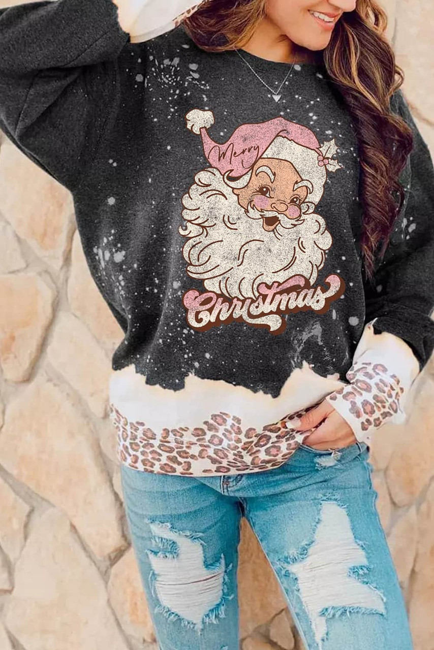 Black Christmas Santa Clause Leopard Print Graphic Sweatshirt