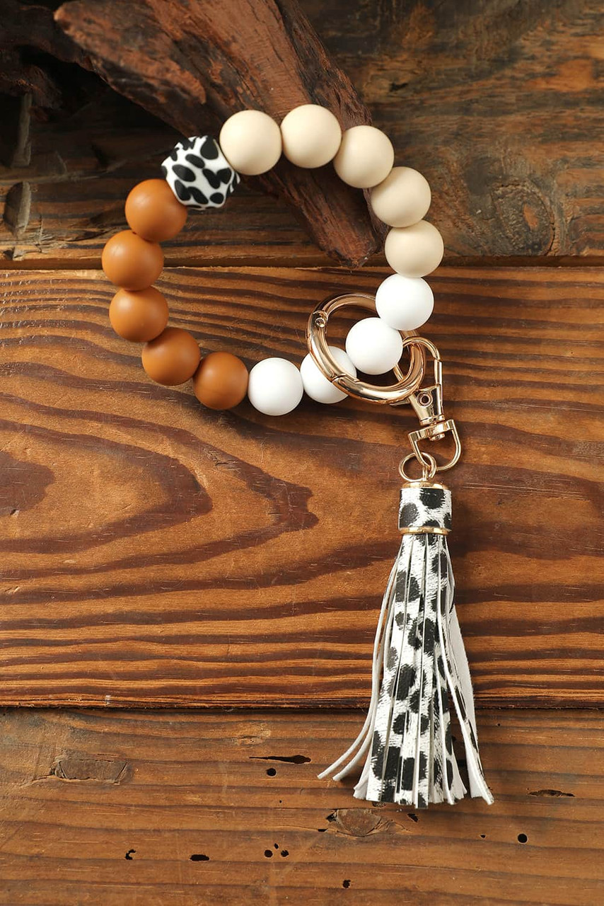 Multicolor Silicone Beads Bracelet Leopard Tassel Keyring