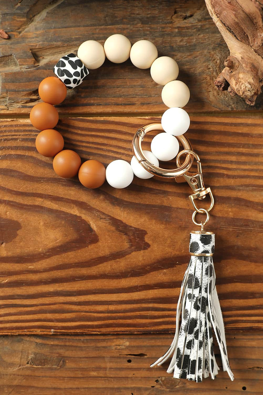 Multicolor Silicone Beads Bracelet Leopard Tassel Keyring