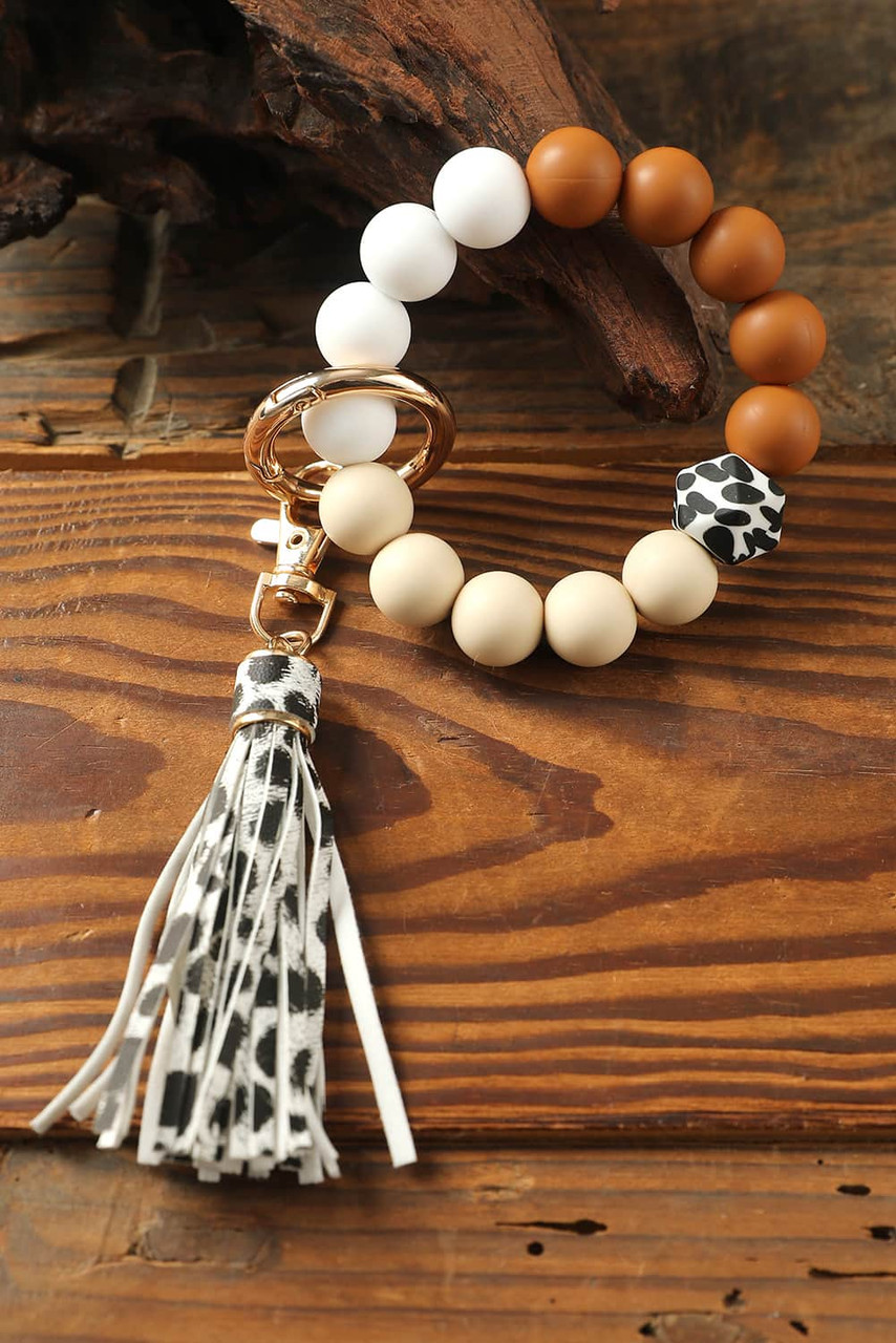 Multicolor Silicone Beads Bracelet Leopard Tassel Keyring