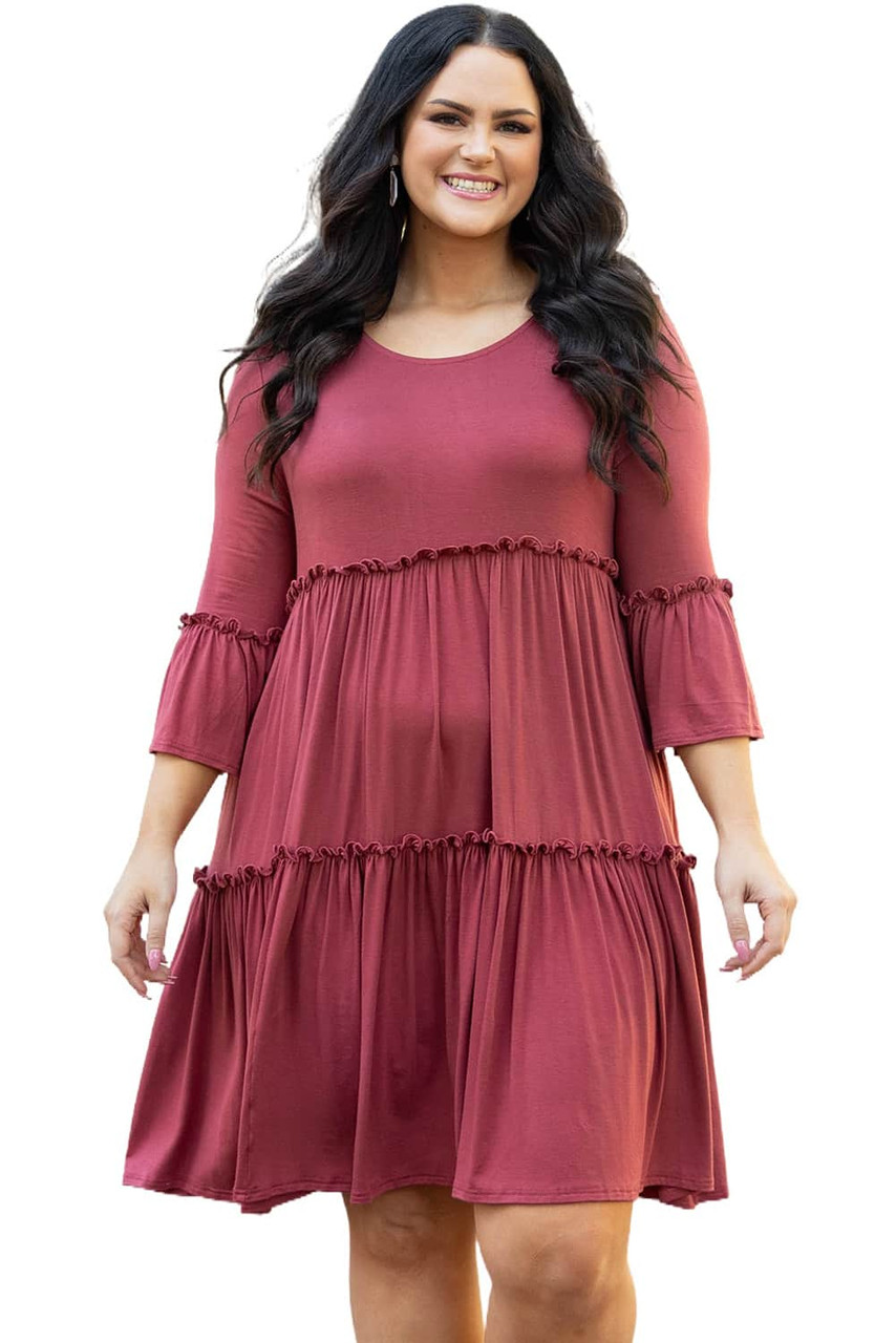 Red Tiered Ruffled 3/4 Sleeve Plus Size Dress