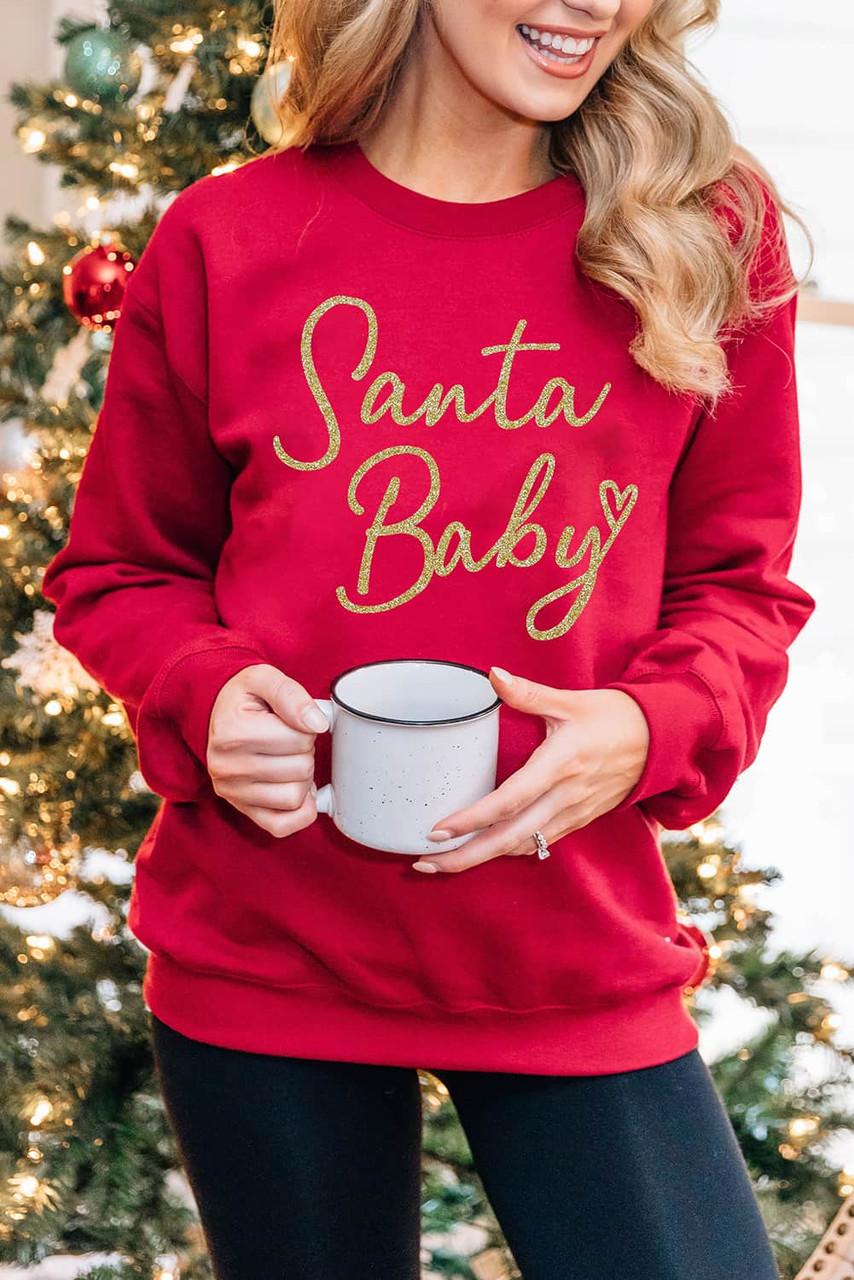 Red Santa Baby Letter Glitter Print Pullover Sweatshirt Red Santa Baby Letter Glitter Print Pullover Sweatshirt