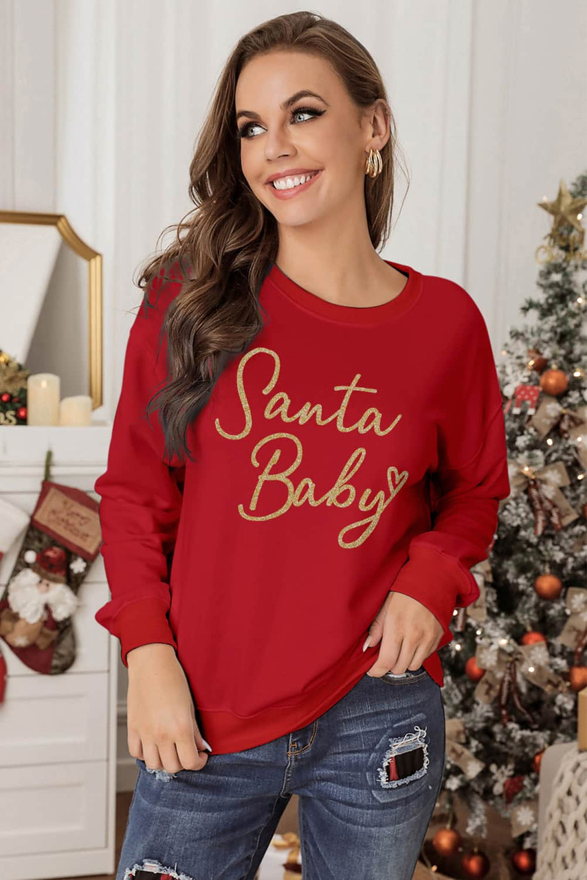 Red Santa Baby Letter Glitter Print Pullover Sweatshirt