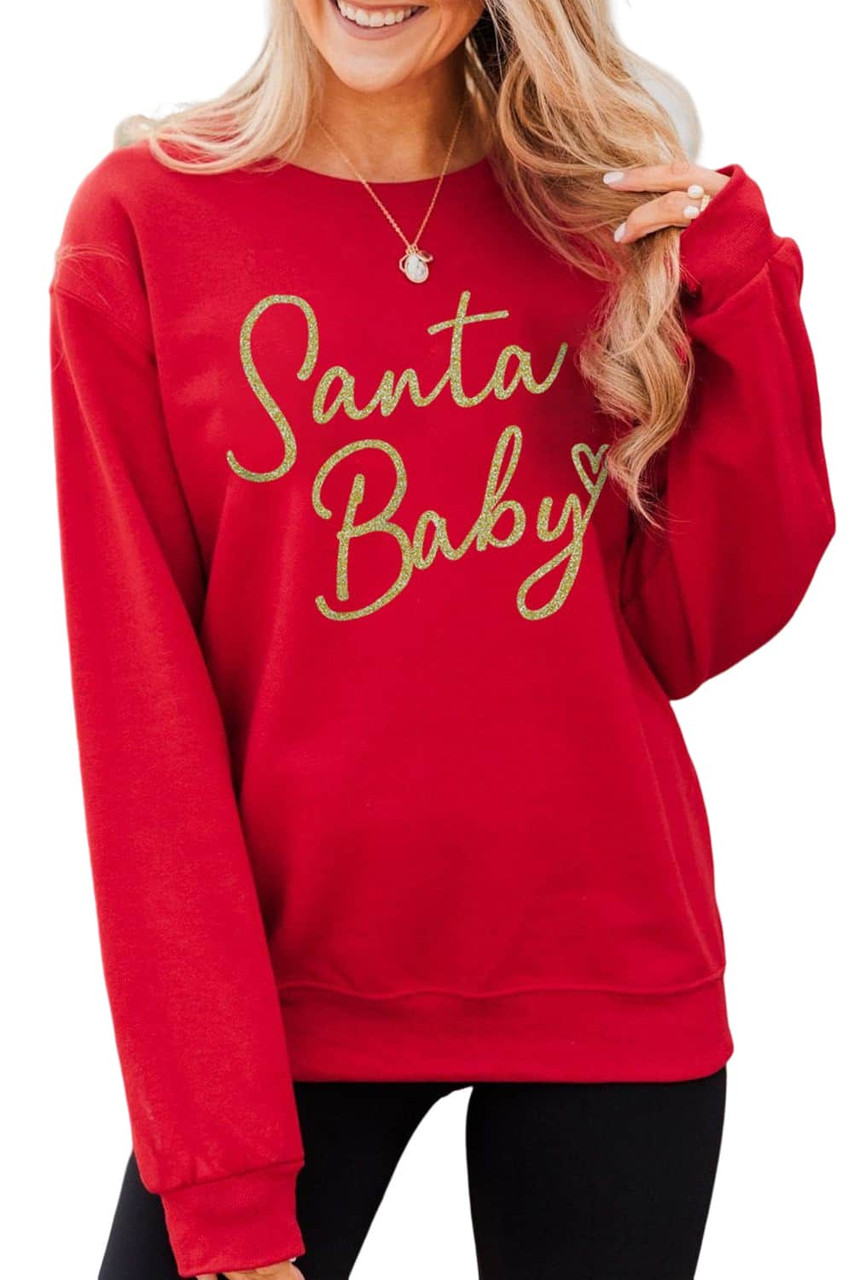 Red Santa Baby Letter Glitter Print Pullover Sweatshirt Red Santa Baby Letter Glitter Print Pullover Sweatshirt