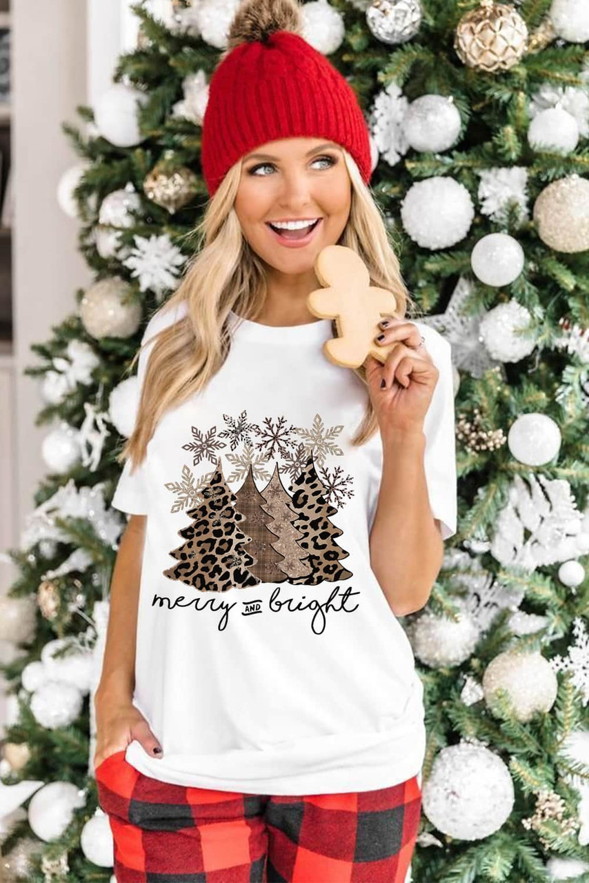 White Leopard Christmas Tree Graphic Print Crew Neck T Shirt