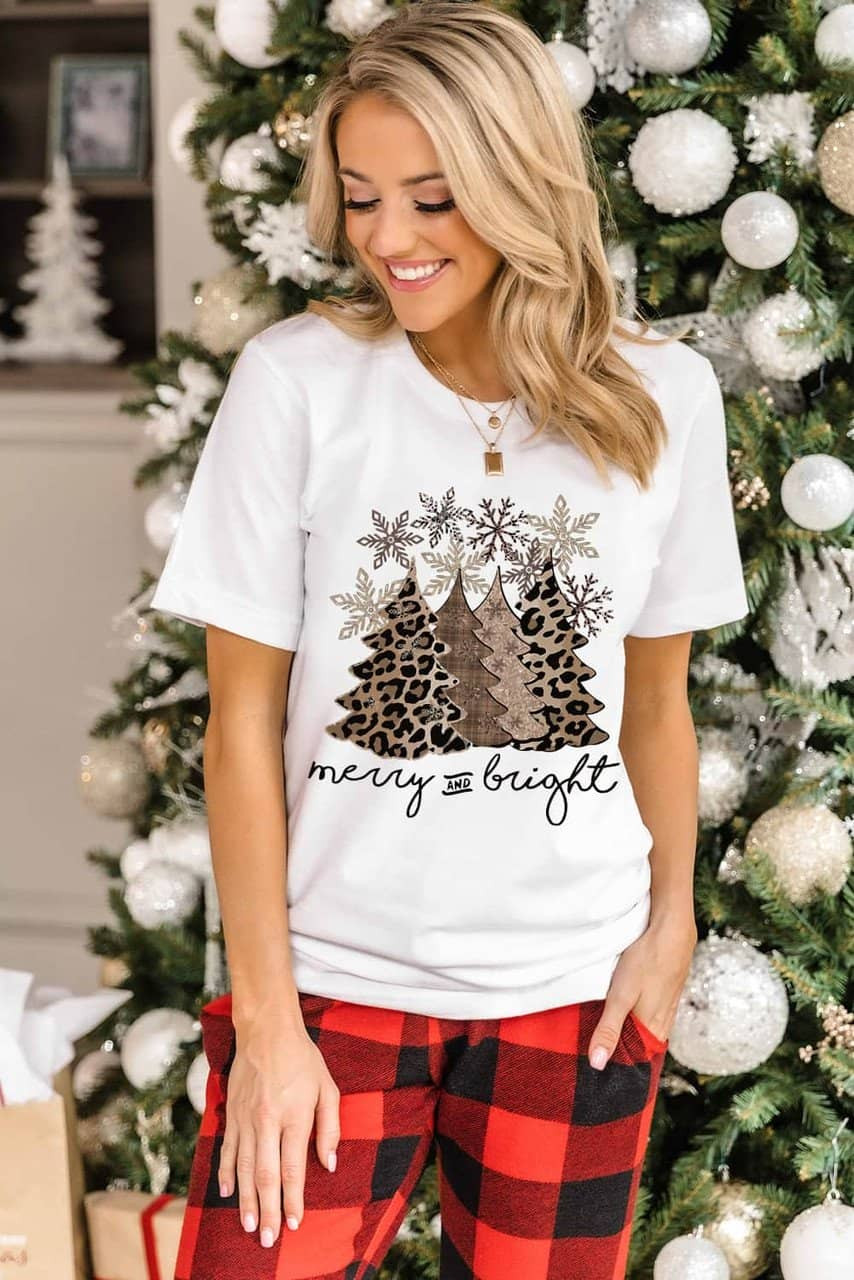 White Leopard Christmas Tree Graphic Print Crew Neck T Shirt