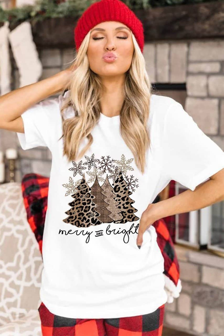White Leopard Christmas Tree Graphic Print Crew Neck T Shirt