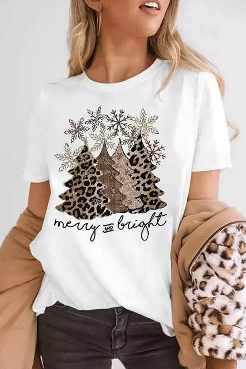 White Leopard Christmas Tree Graphic Print Crew Neck T Shirt