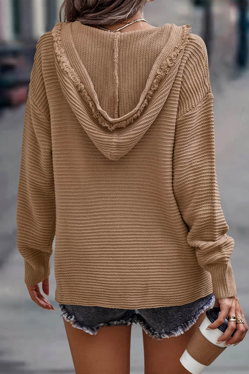 Khaki V Neck Ribbed Drop Shoulder Hooded Sweater