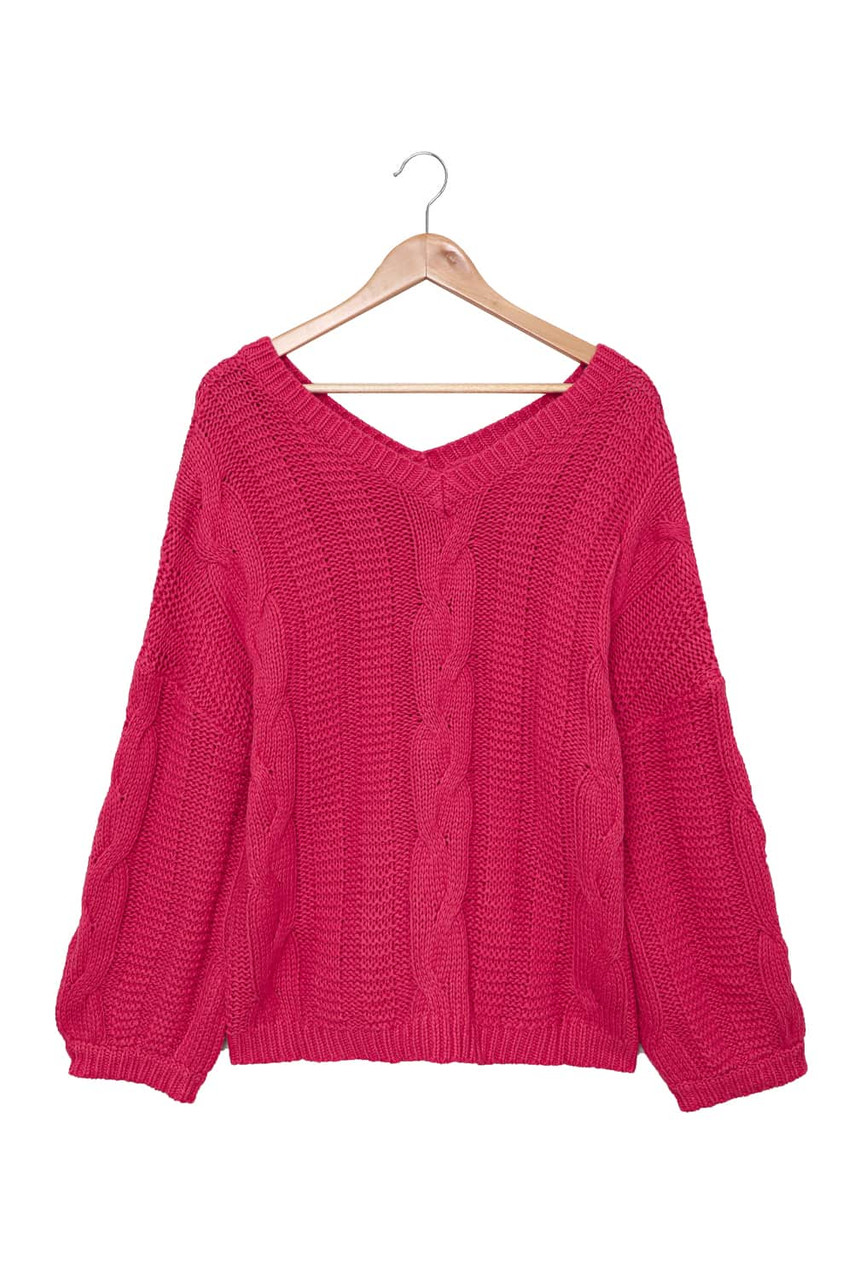 Rose Bubblegum V-Neck Braided Knit Sweater