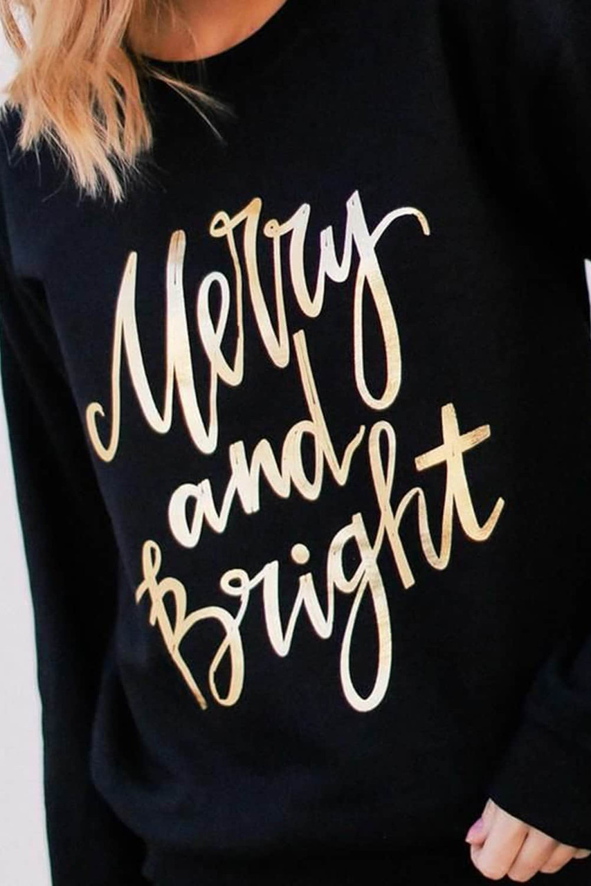 Black  Merry & Bright Letter Print Pullover Sweatshirt