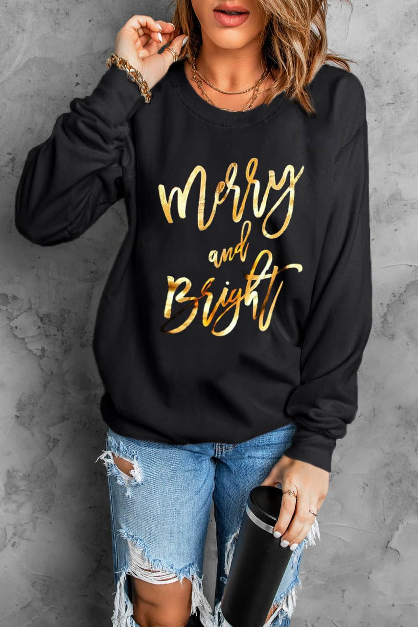 Black  Merry & Bright Letter Print Pullover Sweatshirt