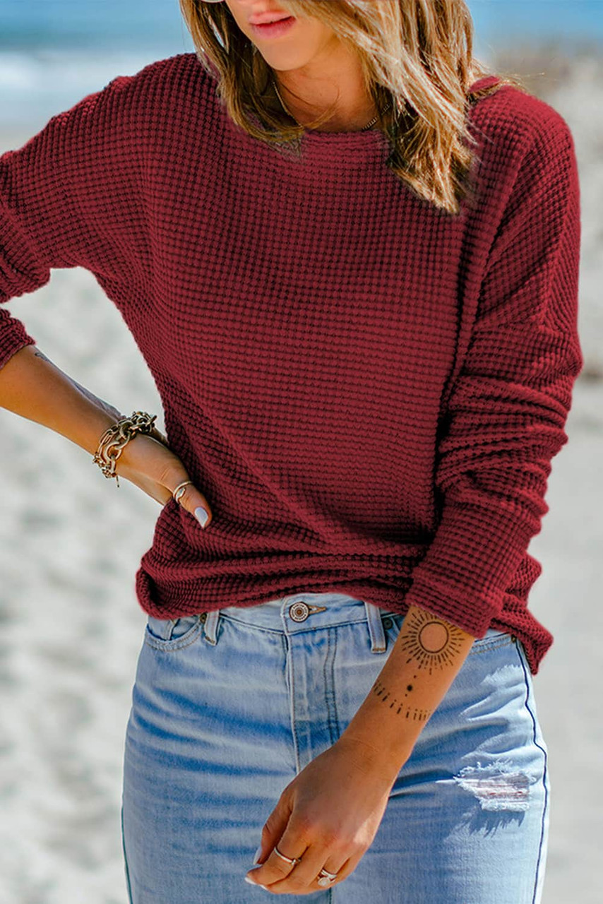 Red Waffle Knit Drop Shoulder Long Sleeve Top
