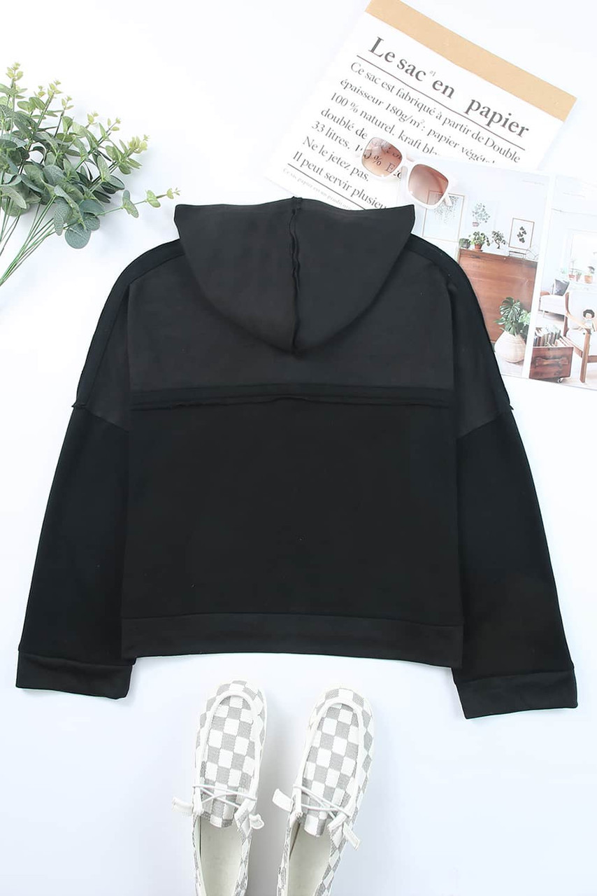 Black Casual Button Solid Patchwork Trim Hoodie