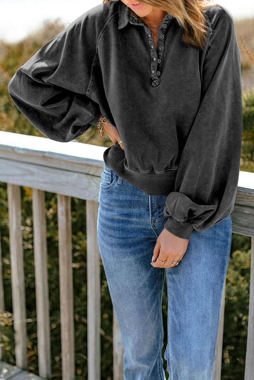 Black Washed Snap Buttons Lantern Sleeve Pullover Sweatshirt Black Washed Snap Buttons Lantern Sleeve Pullover Sweatshirt