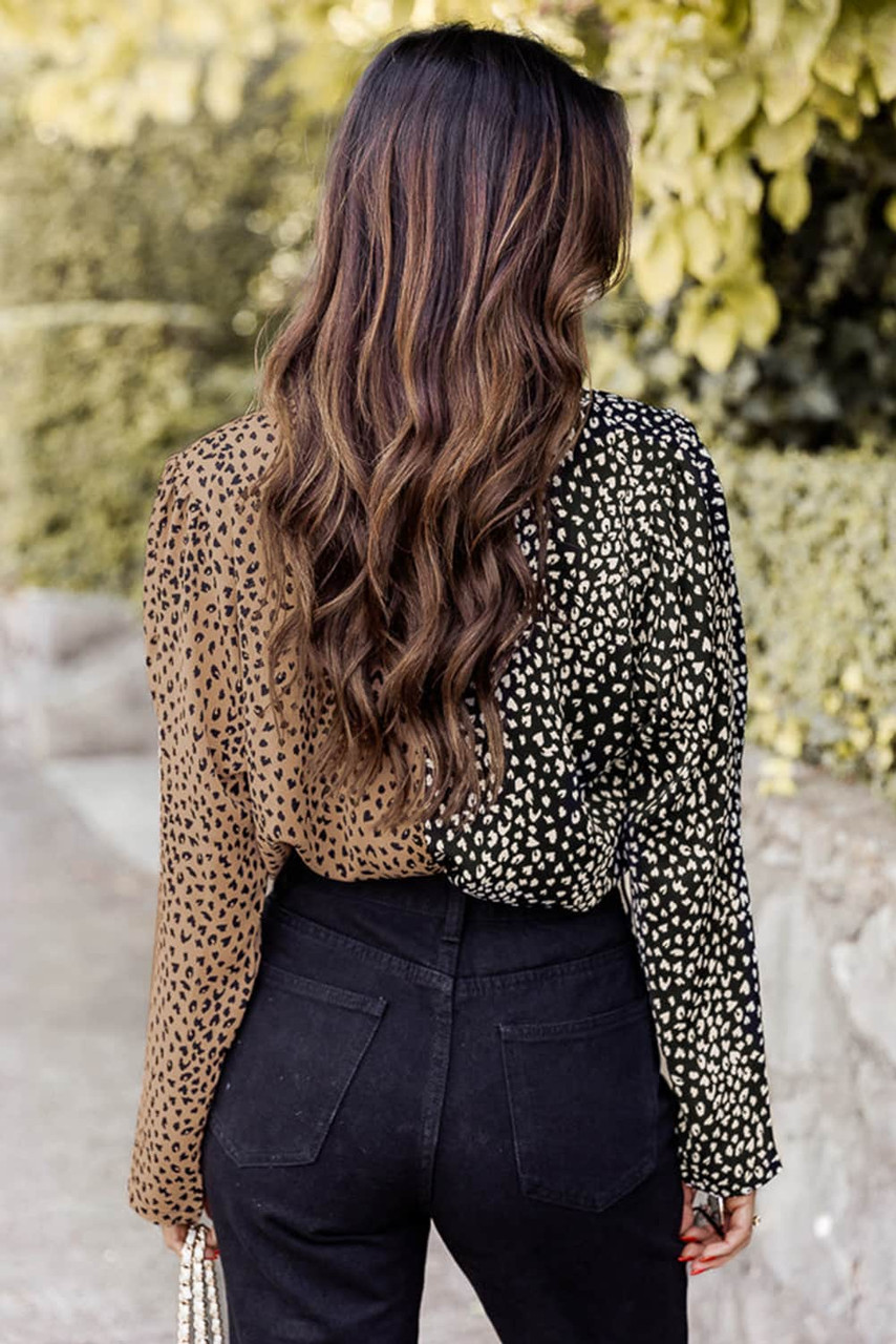 Spliced Leopard Print Wrap Long Sleeve Bodysuit