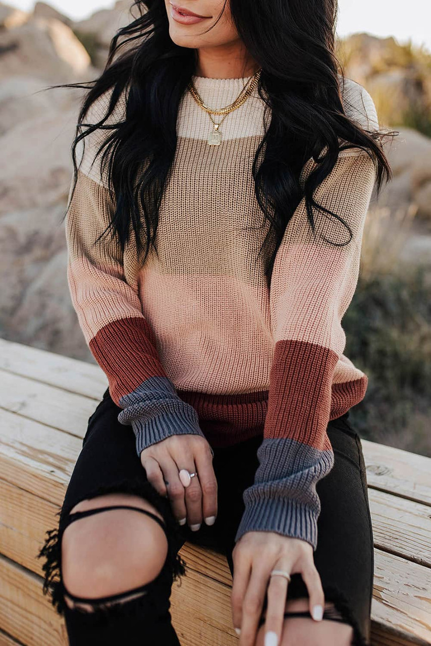 Khaki Color Block Knitted O-neck Pullover Sweater