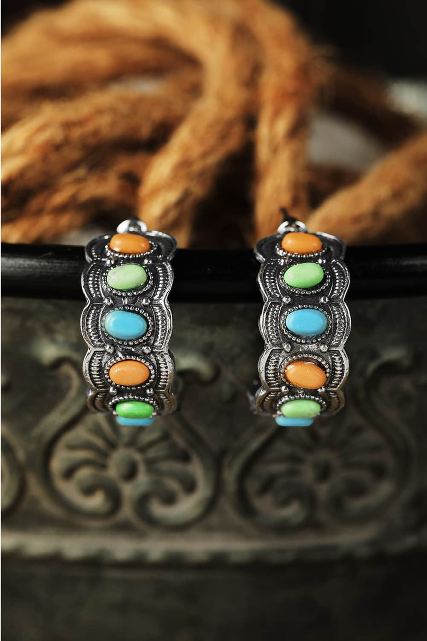 Silver Vintage Inlaid Bead Hook Earrings