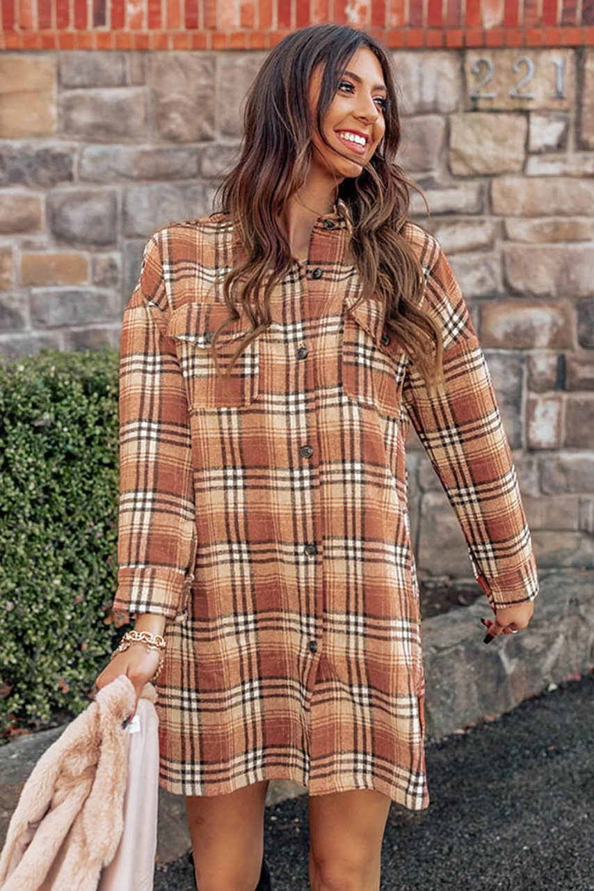 Orange Plaid Button up Side Slit Shirt Dress