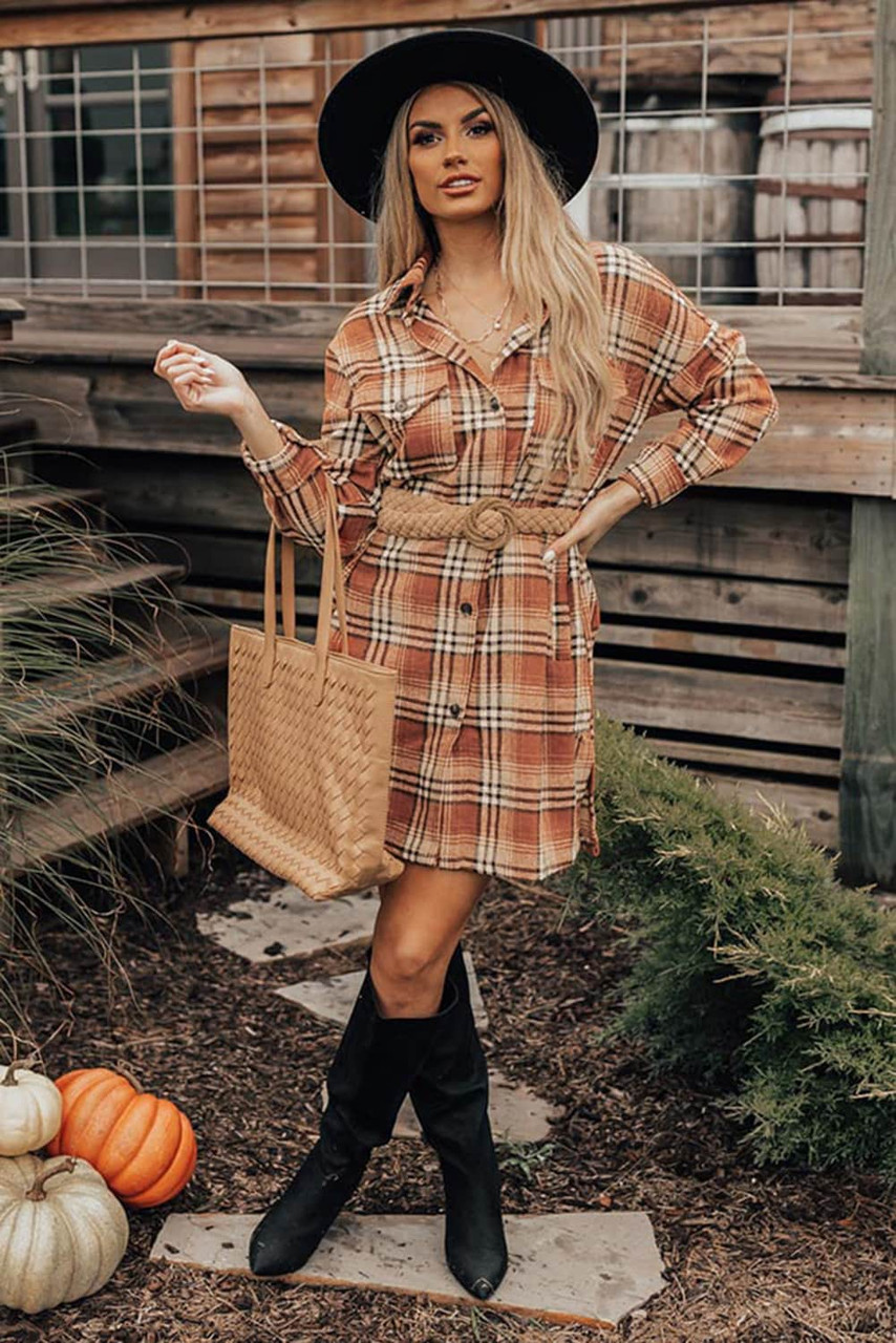 Orange Plaid Button up Side Slit Shirt Dress