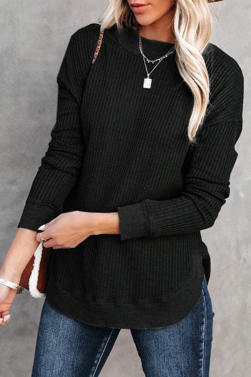 Black Crew Neck Ribbed Trim Waffle Knit Top