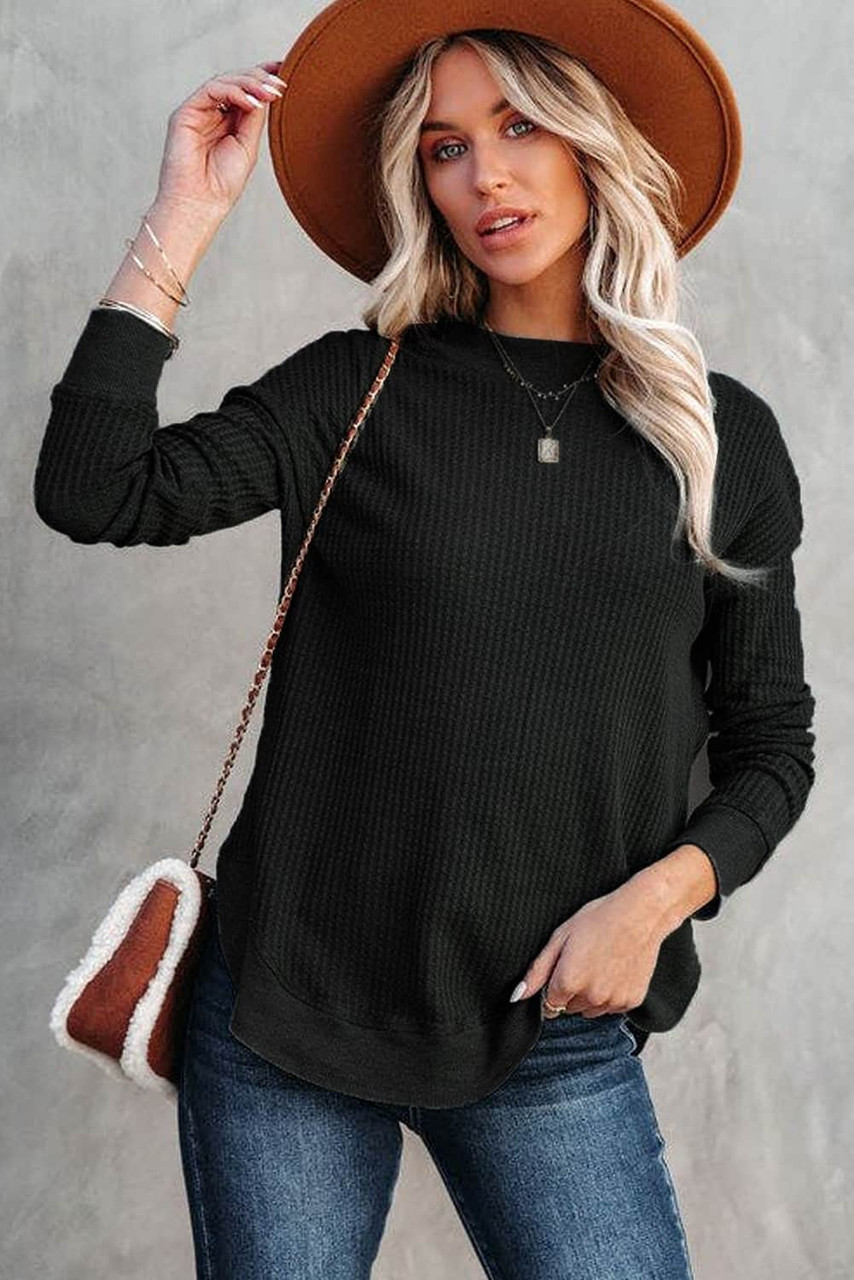 Black Crew Neck Ribbed Trim Waffle Knit Top