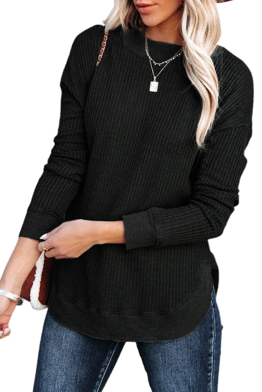 Black Crew Neck Ribbed Trim Waffle Knit Top