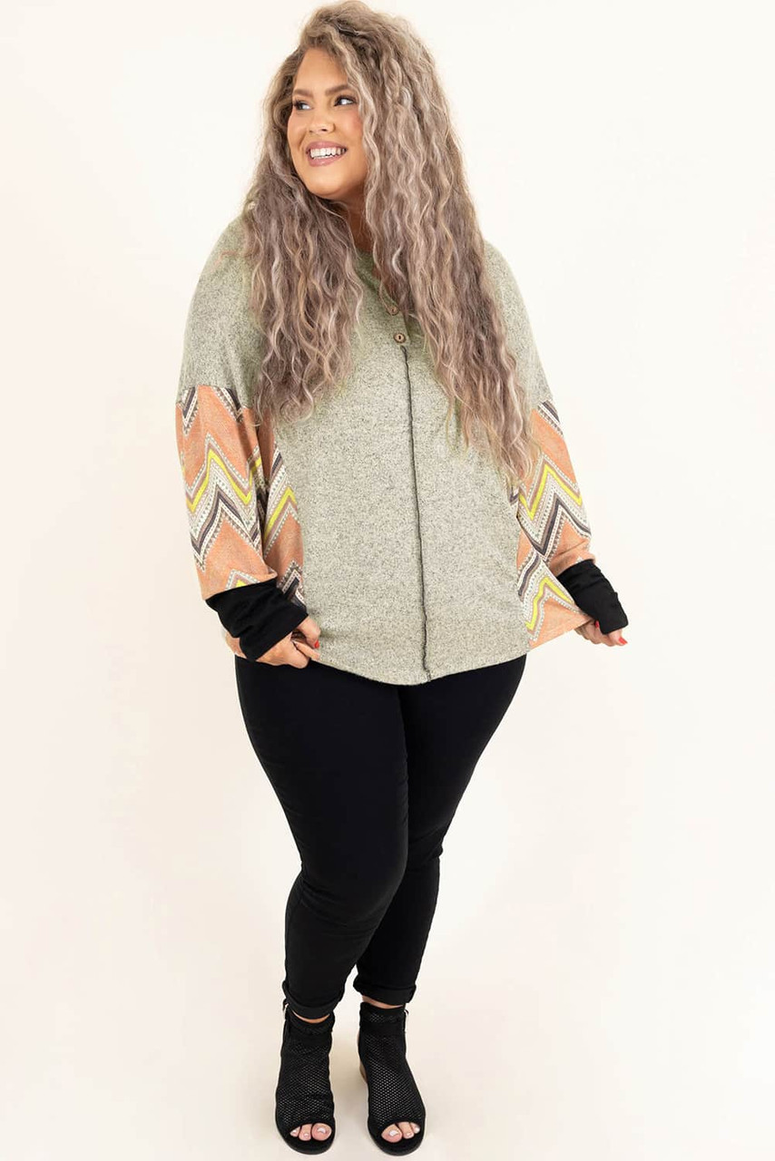 Gray Plus Size Chevron Sleeves Top