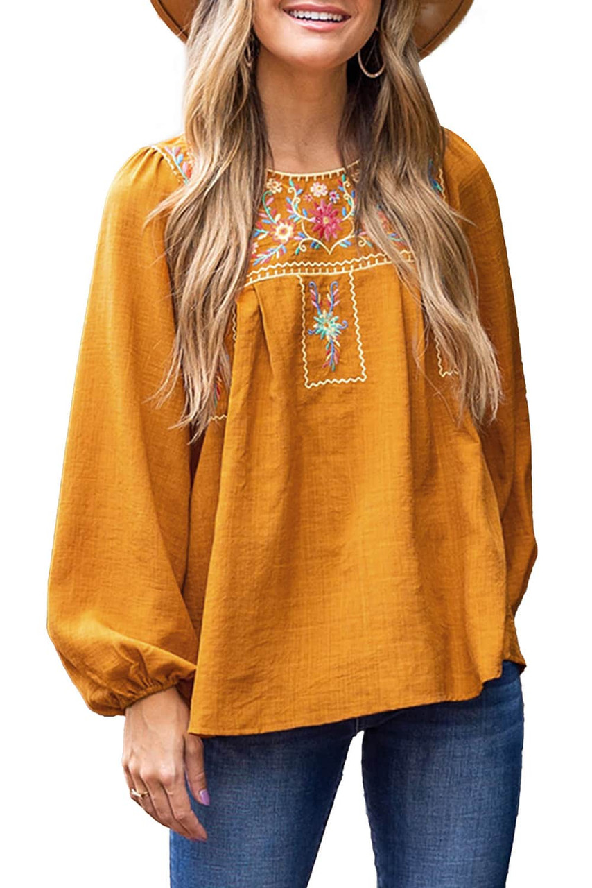 Orange Embroidered Floral Bubble Sleeves Blouse