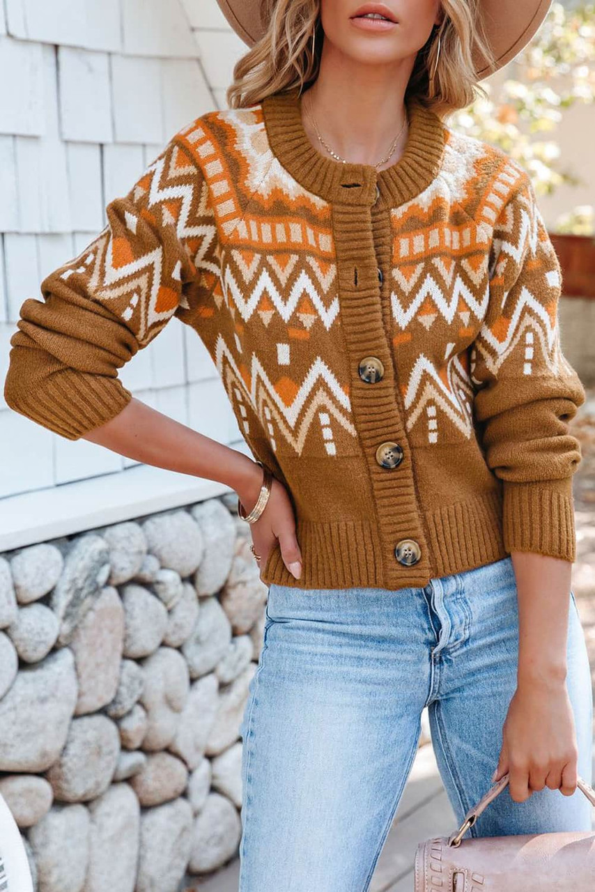 Brown Geometric Pattern Buttoned Knit Cardigan | dealstunnel