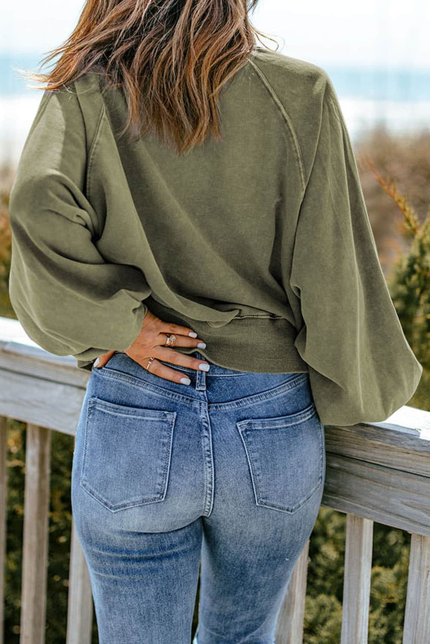 Green Washed Snap Buttons Lantern Sleeve Pullover Sweatshirt