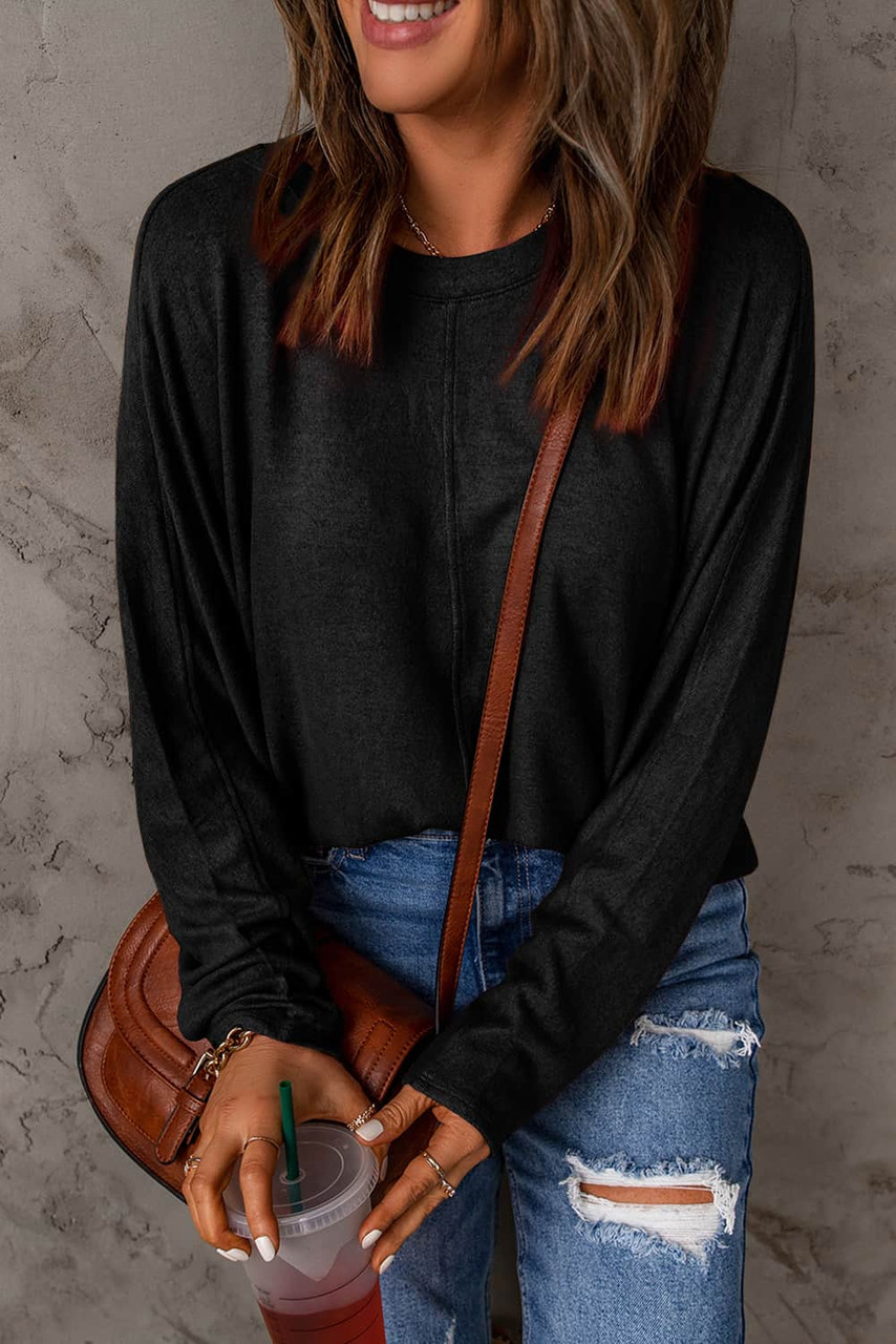 Black Solid Color Patchwork Long Sleeve Top Black Solid Color Patchwork Long Sleeve Top
