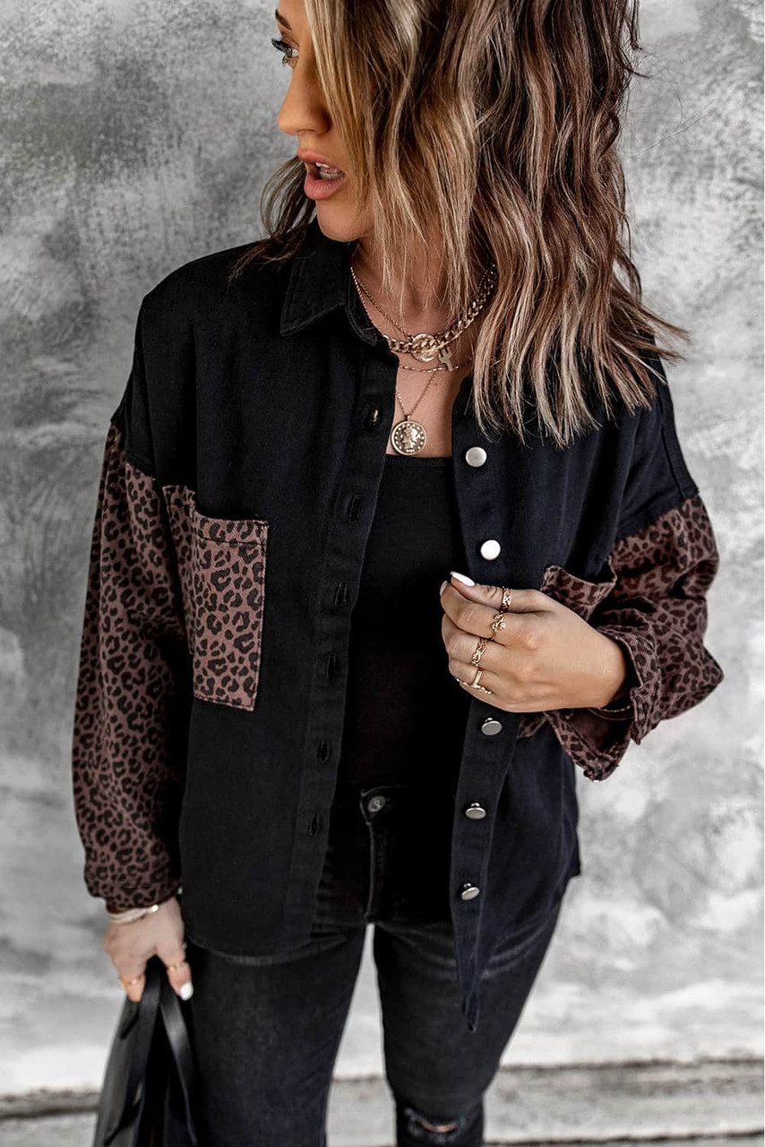 Black Contrast Leopard Denim Jacket Black Contrast Leopard Denim Jacket