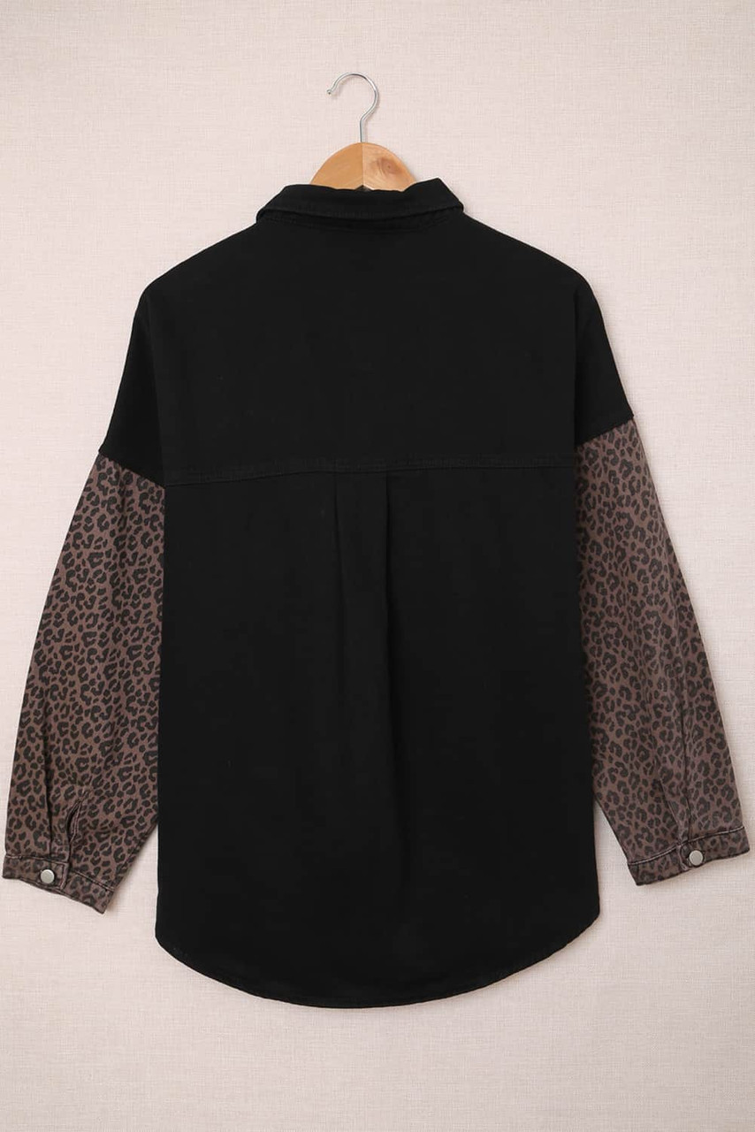 Black Contrast Leopard Denim Jacket