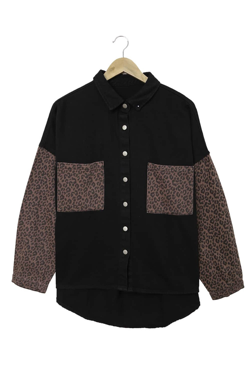 Black Contrast Leopard Denim Jacket Black Contrast Leopard Denim Jacket