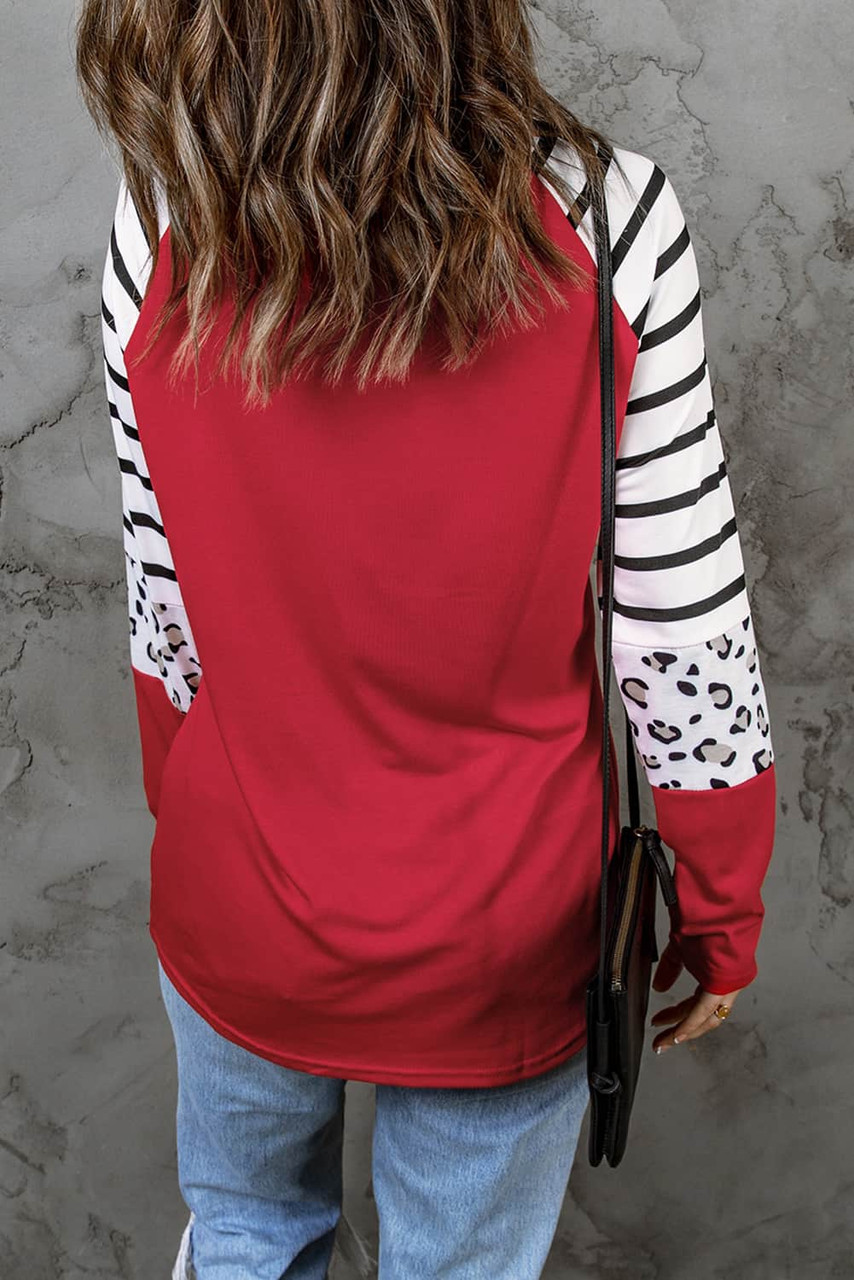 Red Leopard Christmas Tree Striped Color Block Long Sleeve Top