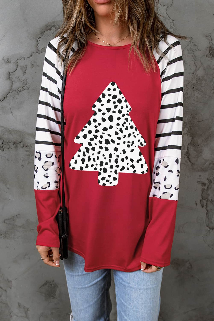 Red Leopard Christmas Tree Striped Color Block Long Sleeve Top