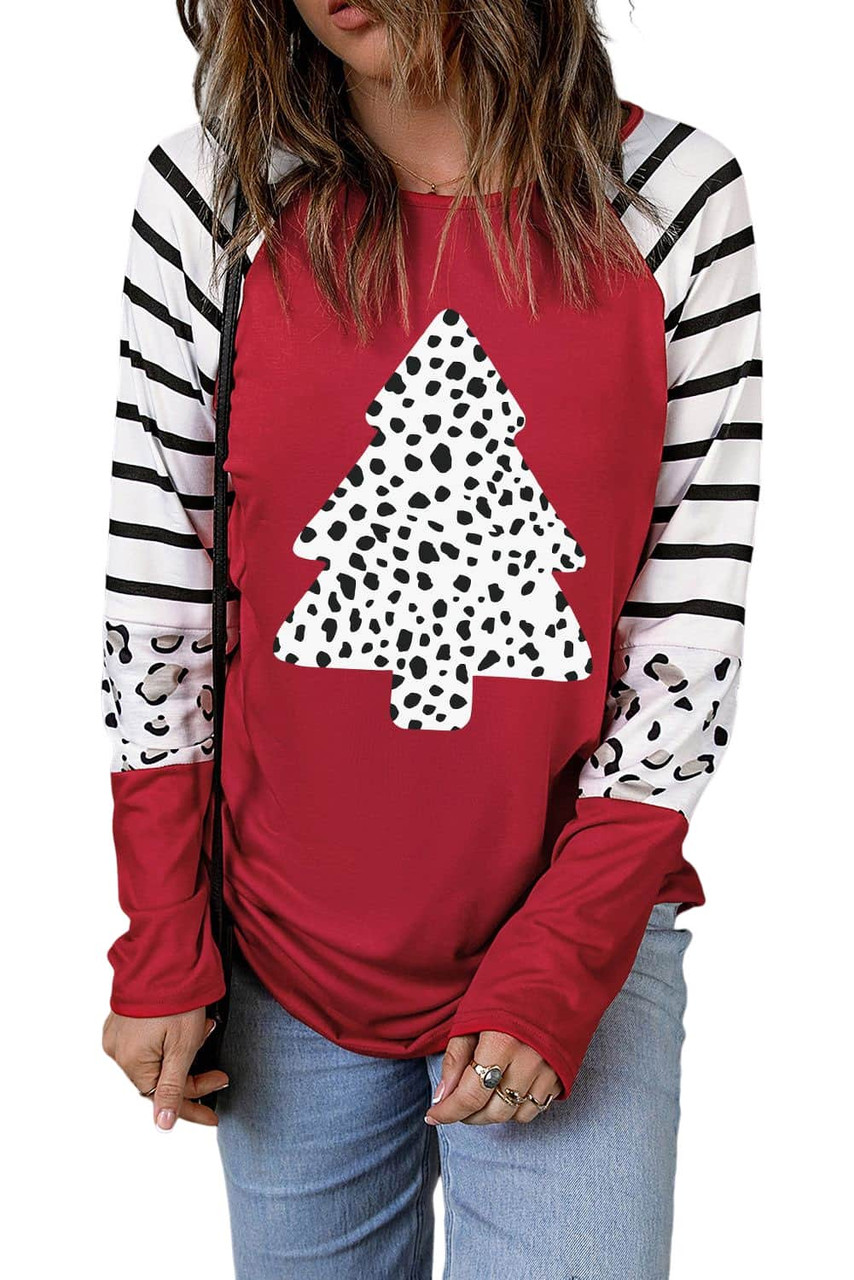 Red Leopard Christmas Tree Striped Color Block Long Sleeve Top