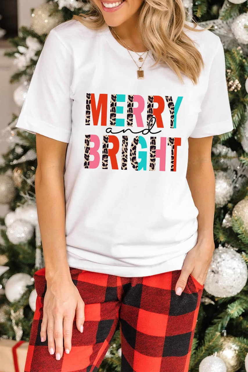 White Merry and Bright Leopard Print Short Sleeve Graphic Tee