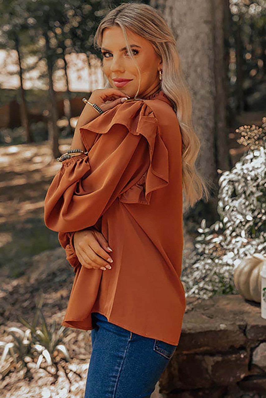 Orange Ruffled Pleated Buttoned V Neck Blouse