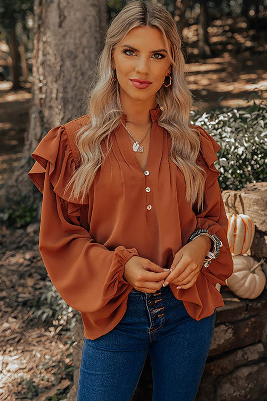 Orange Ruffled Pleated Buttoned V Neck Blouse