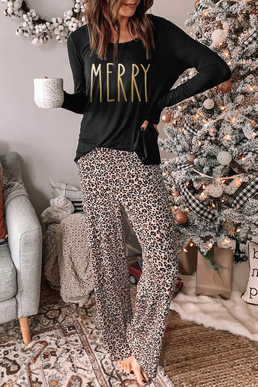 MERRY Leopard Print Long Sleeve High Waist Lounge Set