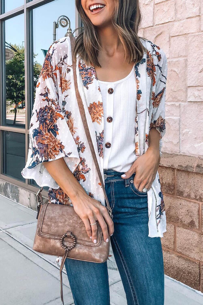 White Floral Print Open Front Bell Sleeve kimono