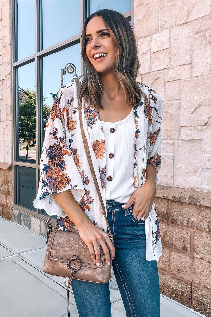 White Floral Print Open Front Bell Sleeve kimono