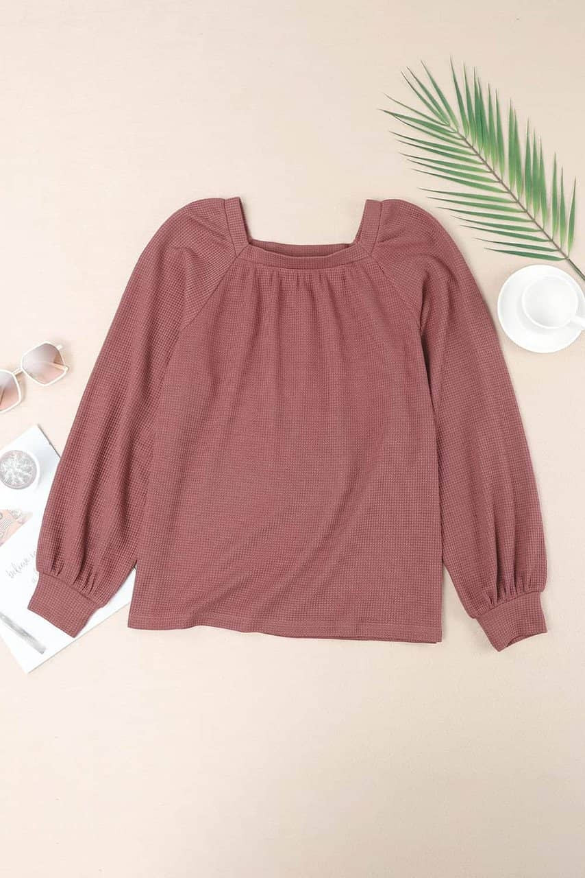 Square Neck Puff Sleeve Waffle Knit Top Square Neck Puff Sleeve Waffle Knit Top