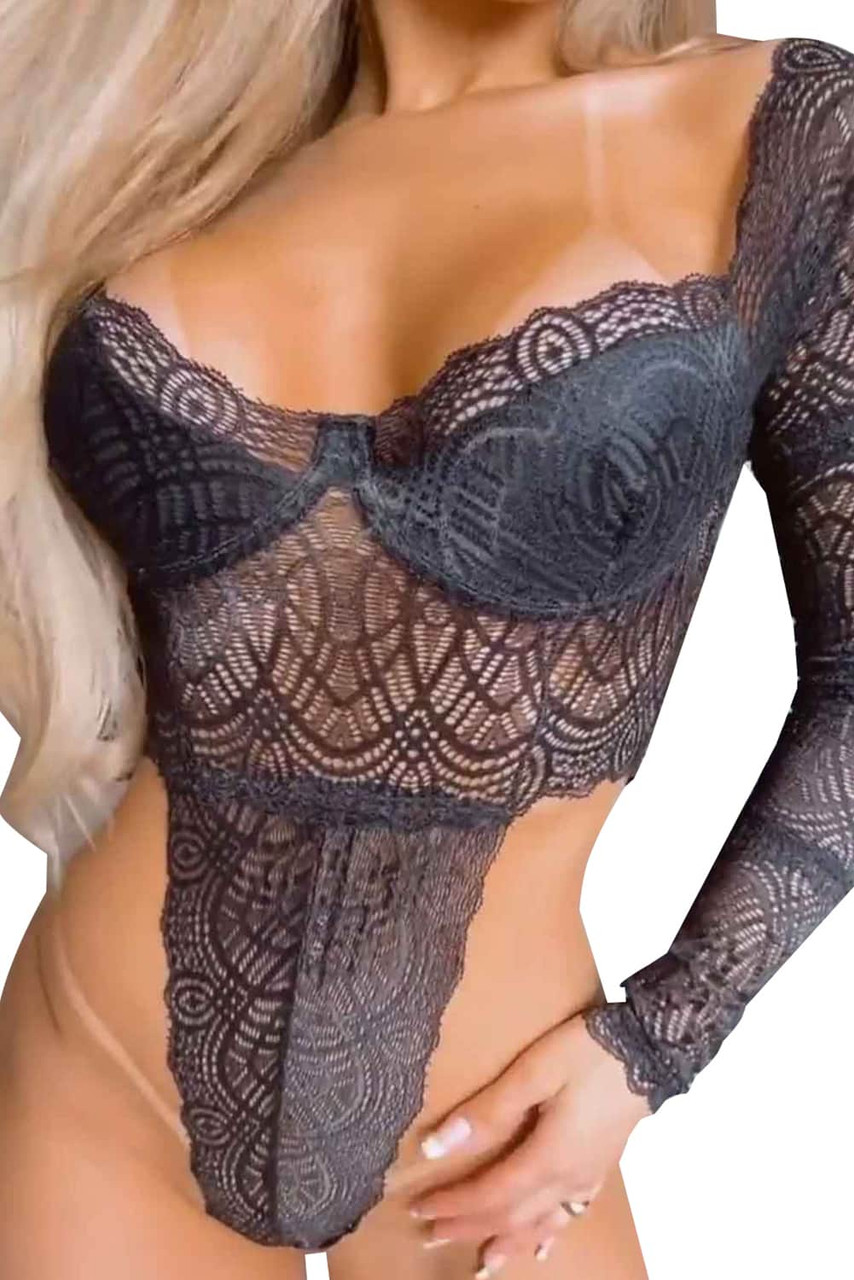 Black Lace Crochet Long Sleeve Teddy Lingerie Black Lace Crochet Long Sleeve Teddy Lingerie