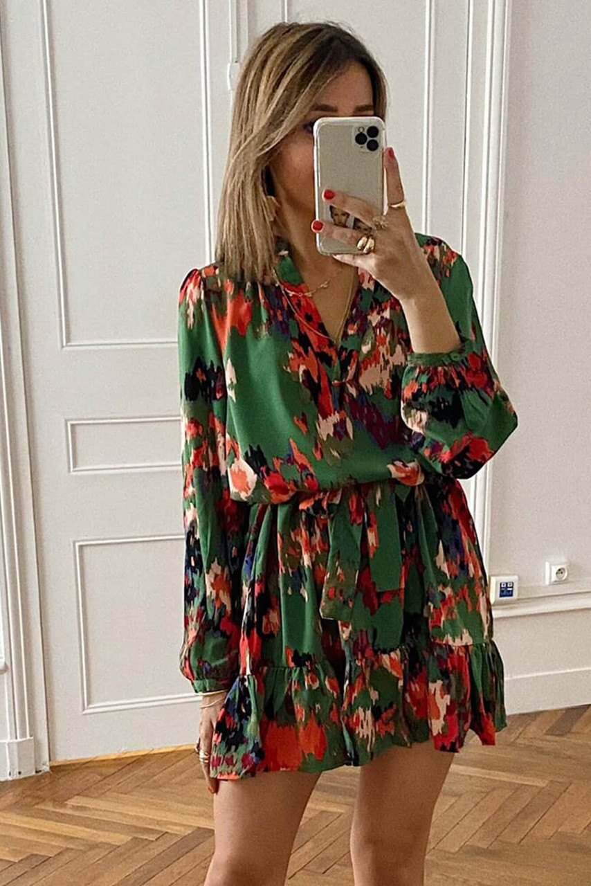 Green Abstract Print Ruffled Drawstring High Waist Mini Dress