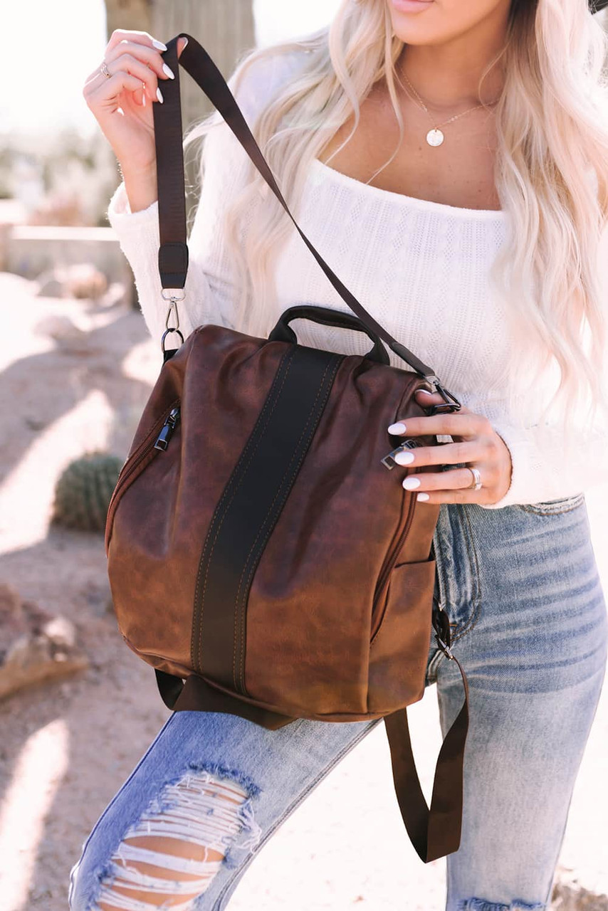 Brown Multifunctional Retro Faux Leather Backpack Brown Multifunctional Retro Faux Leather Backpack