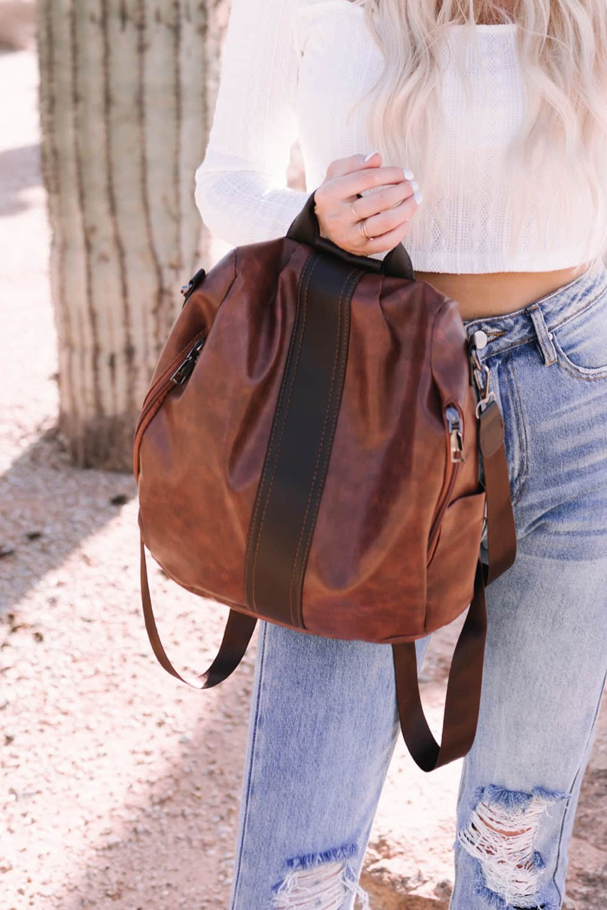 Brown Multifunctional Retro Faux Leather Backpack