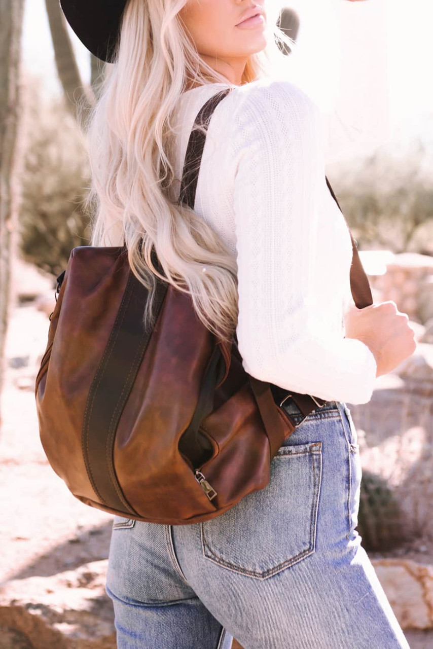 Brown Multifunctional Retro Faux Leather Backpack